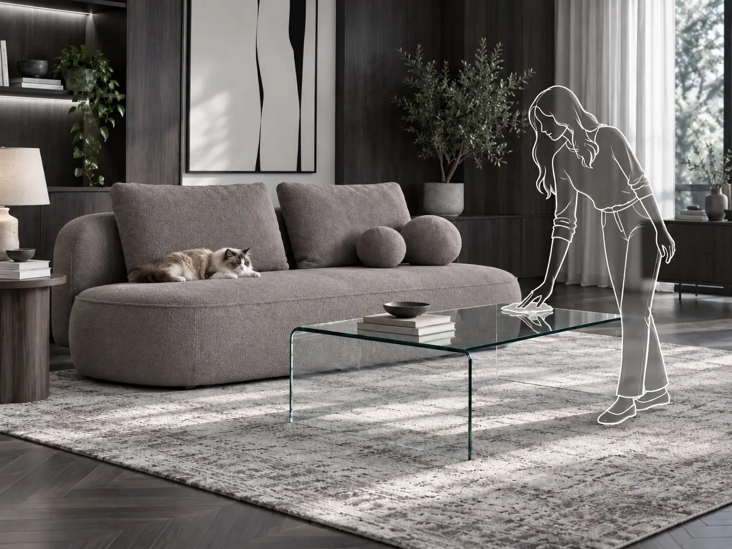 Namų valymas Kaune – išvalyta svetainė su sofa ir stikliniu staliuku