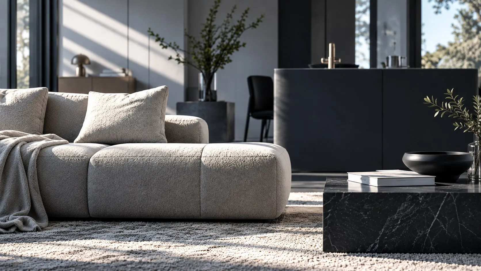 Valymo paslaugos Kaune – švari svetainė su sofa ir marmuriniu staliuku